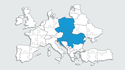 Fototapeta premium White map puzzle pieces with blue regional highlight on clean background, map, puzzle, geography, region, blue, white, territory,