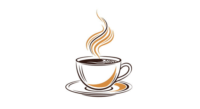 Hot coffee cup with rising steam line art on white background represents morning routine, warm espresso, and cafe culture.