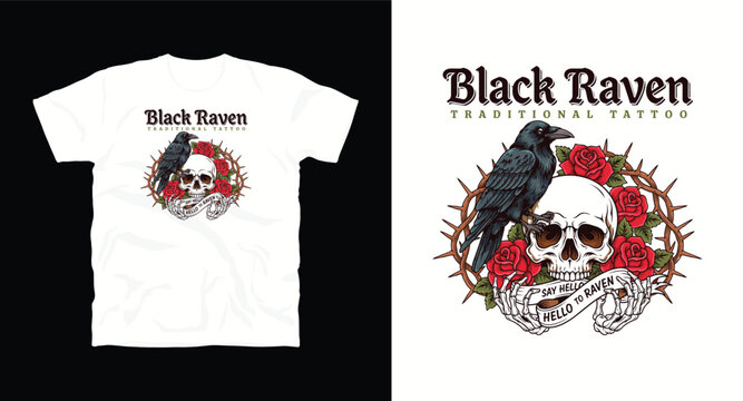 Detailed graphic illustration featuring black raven bird perched on human skull with roses.