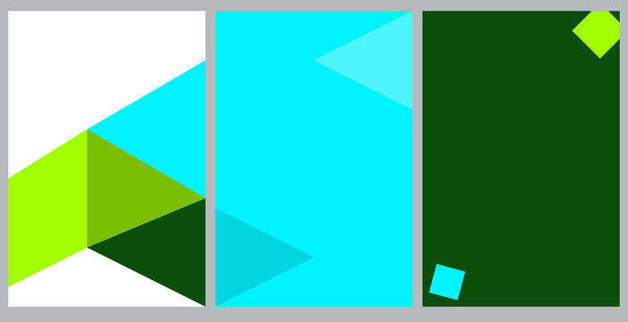 Abstract geometric triptych background with blue and green triangles and square shapes vector