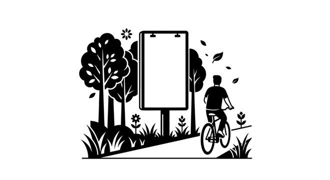 Black and white illustration of a cyclist passing by a blank outdoor billboard.