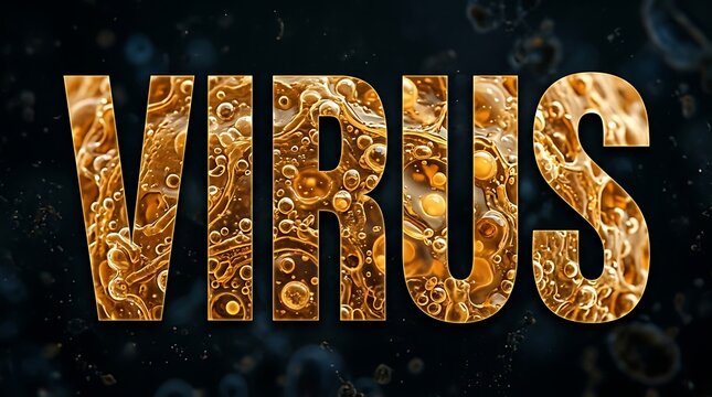 Virus word written with a microscopic golden yellow cell and bacteria pattern.