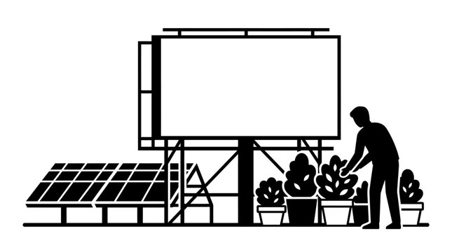 Black and white illustration of a man tending to plants near a solar panel array and billboard.