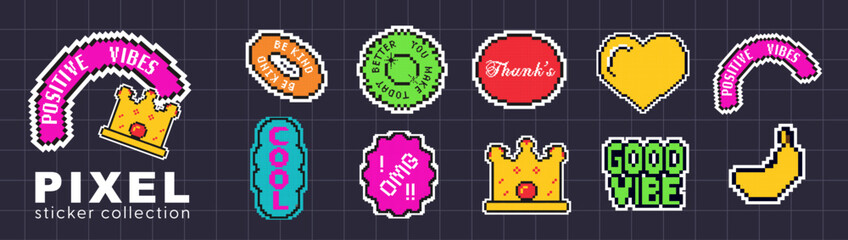 Obraz premium Set of retro pixel art stickers. Trendy colorful badges for adding a playful, nostalgic vibe to digital projects, social media, games etc. Fun 8bit emoji shapes, patches.
