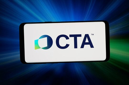 Stuttgart, Germany - 06-10-2026: In this photo illustration, the logo of Consumer Technology Association (CTA) is displayed on a smartphone in front of abstract background on computer screen.