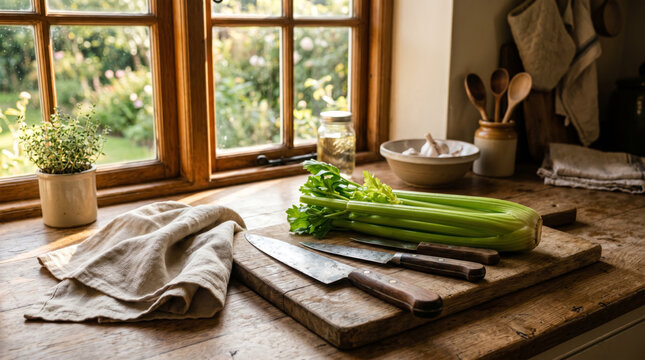 Celery stalks arranged beside kitchen knives and linen cloth with afternoon sunlight straming though a window, looks peaceful rustic and full of elegant traditional color