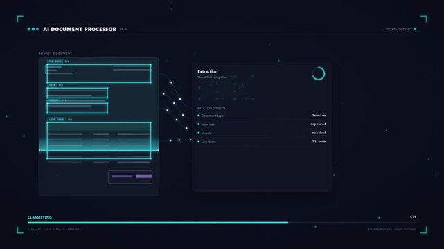 AI document processor animation scanning text and extracting data fields with loading progress bar