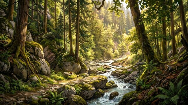 Enchanted forest with a mystical river flowing through ancient trees and moss-covered rocks in a sun-drenched, serene landscape