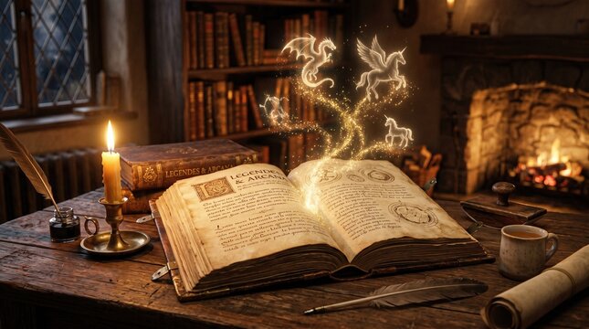 Magic book with glowing mystical creatures emerging from an antique desk in a cozy historical library