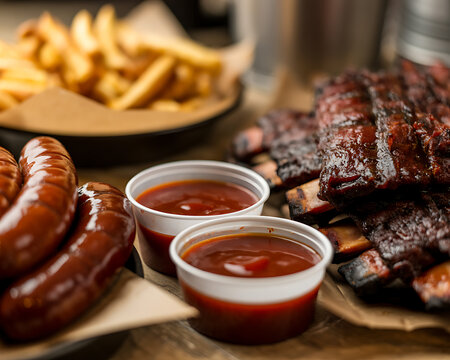 Close-up of grilled barbecue ribs with fries and dipping sauces on wooden table