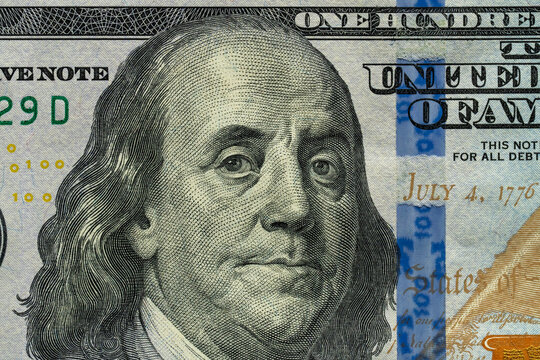 Macro Detail of Benjamin Franklin Portrait on US Dollar Banknote