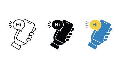 Hand holding a smartphone with a hi message in speech bubble icon in line art solid black and flat blue color styles for mobile communication and social media connection vector graphic set © TARU STOCKPLC