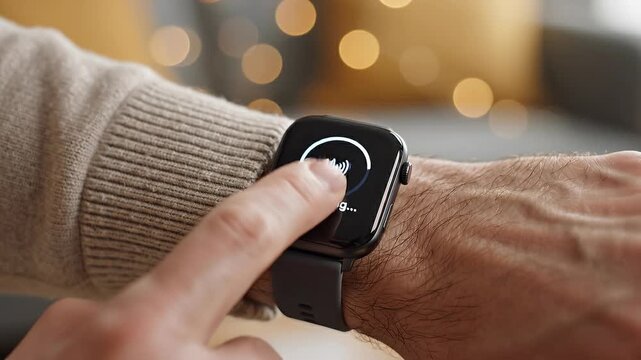 A person uses a smartwatch to measure their pulse. The device displays a heart rate of 68 bpm. Ideal for health apps or wellness marketing content.