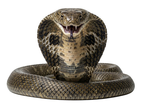 Cobra snake with an expanded hood and open mouth displays its fangs in a defensive posture.
