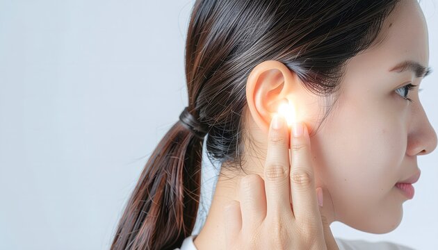 Close-up of a young Asian woman touching her ear with a glowing red pain effect, symbolizing earache, otitis media infection, hearing problems, and medical health discomfort.