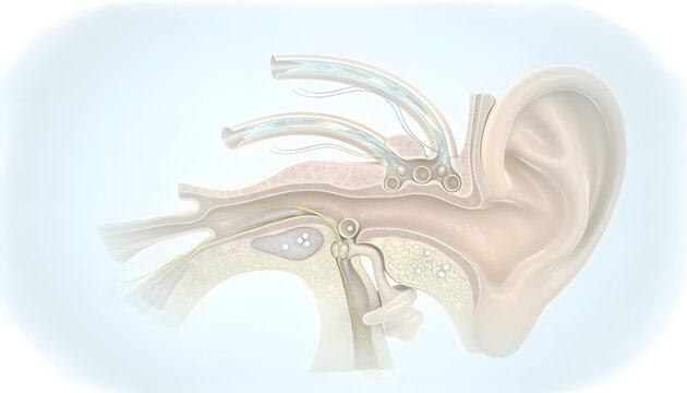 Medical diagram of human ear anatomy structure, showing cross-section illustration of the outer ear, auditory canal, and inner ear mechanism on a soft blue background.