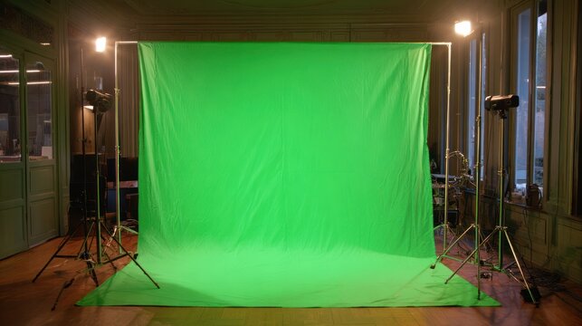 Green screen setup in studio with lighting equipment ready for production