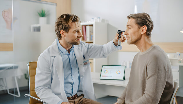 Male doctor examining a patient's ear with an otoscope in a modern clinic office, showcasing professional medical consultation, healthcare checkup, and ENT diagnostics.