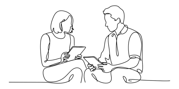 Continuous single line drawing of a man and a woman sitting together and looking at digital tablets for business meeting or creative collaboration work Vector, illustration