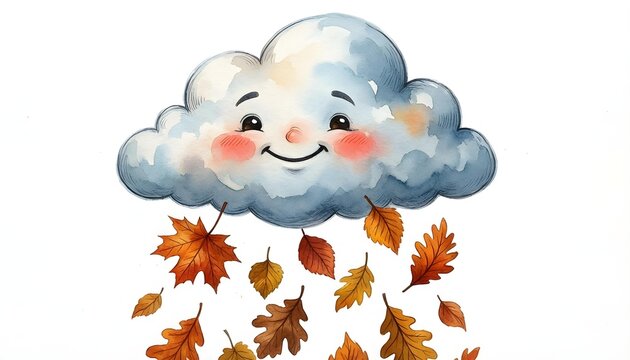 Whimsical watercolor cloud smiling and raining colorful autumn leaves