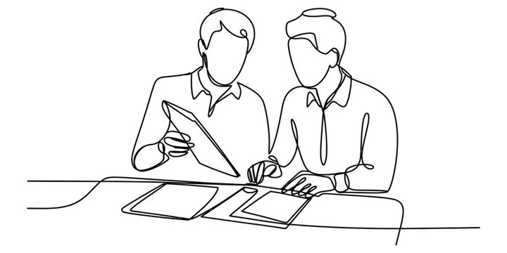 Two business people working together looking at documents in a continuous one line drawing style Vector, illustration