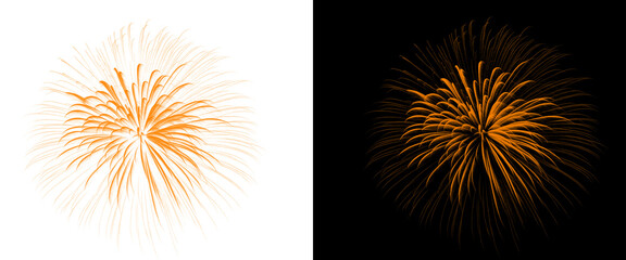 Obraz premium Golden firework burst isolated on white and black backgrounds, sparkling orange pyrotechnic explosion, festive firework display for celebration