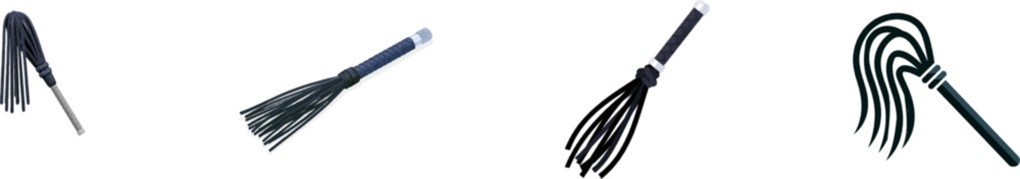 A subculture flat vector icon of a heavy flogger whip features dozens of black leather falls neatly knotted around a textured steel handle, isolated on a solid white background