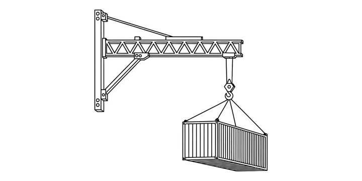 Industrial wall jib crane lifting a heavy shipping container for logistics and construction site transport operations line art drawing Vector, illustration