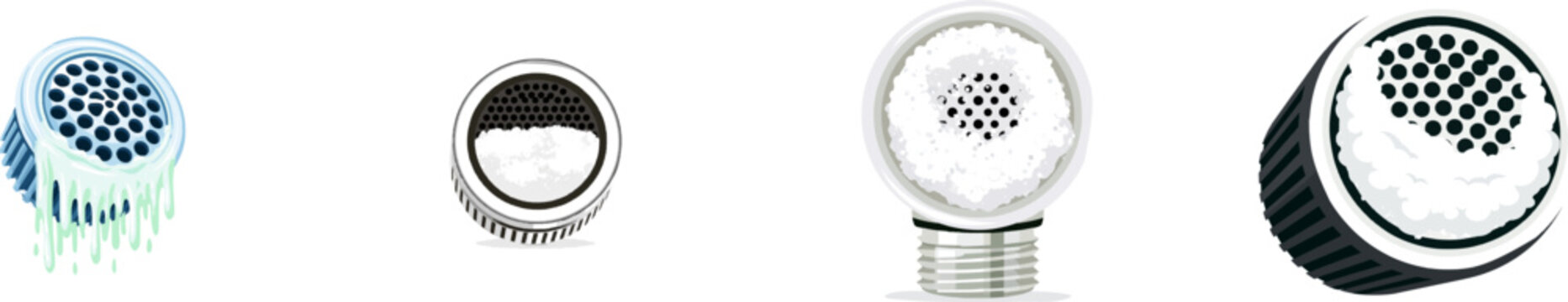 A technical flat vector illustration of a circular metal faucet aerator screen heavily clogged with chalky white limescale mineral deposits, isolated on a solid white background