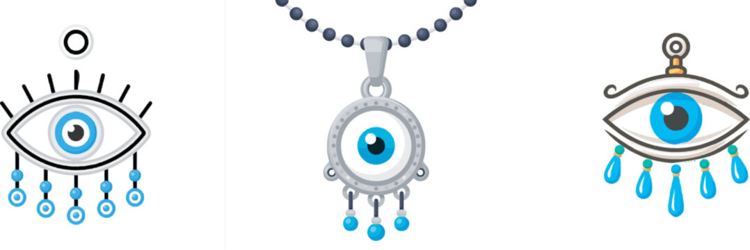 A symbolic flat vector design of an all-seeing eye amulet made of silver and turquoise, a protective talisman icon with clean geometric lines, isolated on a solid white background