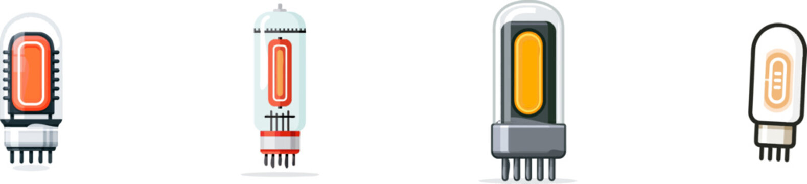 A vintage electronics flat vector illustration of a glass vacuum tube with an orange glowing anode plate, metallic base, and pins, set against a solid white background
