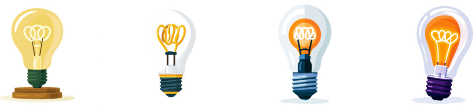 A vintage flat vector illustration depicts a clear glass bulb with a glowing, complex looping carbon filament against a solid white background