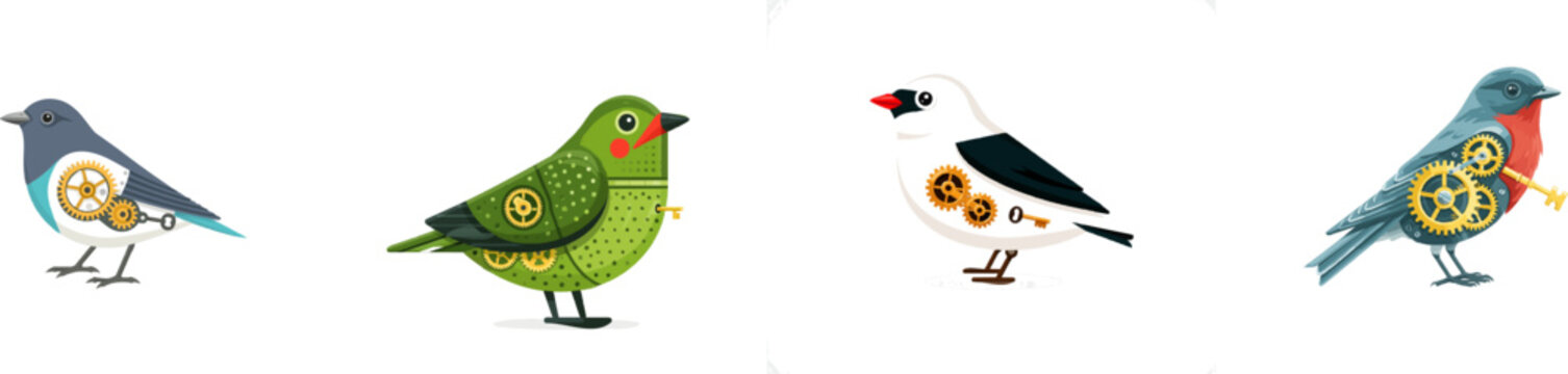 A vintage-style flat vector graphic of an automaton toy bird with brass gears and a key, isolated on a solid white background