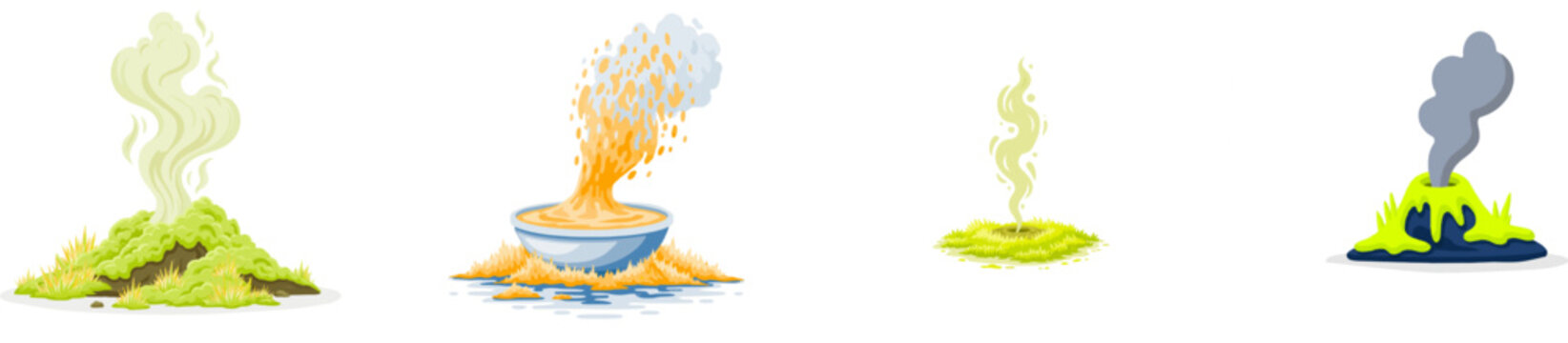 A steaming geothermal fumarole earth vent is surrounded by bright neon yellow crusts of jagged needle-like sulphur crystal deposits, set against a solid white background