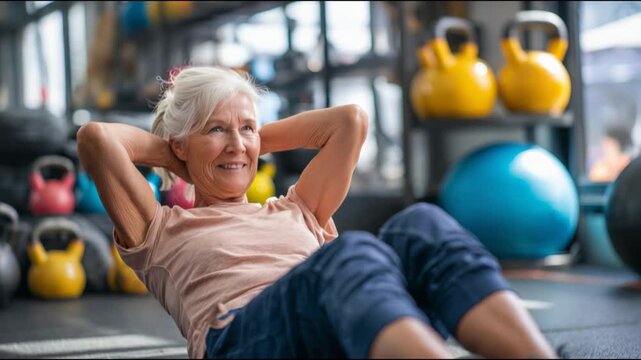 Healthy older woman doing sit-ups on the floor, strengthening her core muscles during a workout