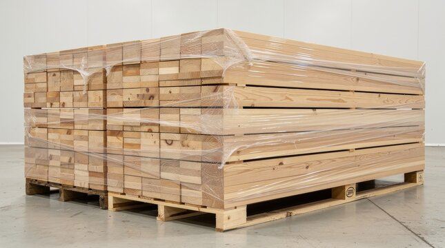Stack of Lumber on Wooden Pallet Wrapped in Plastic