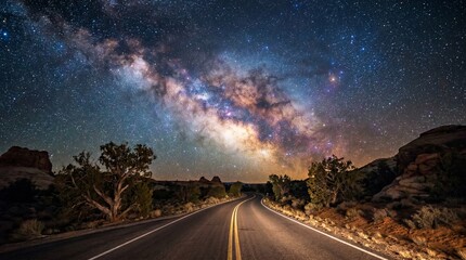 Naklejka premium Empty asphalt road stretching forward towards the breathtaking vibrant milky way galaxy under a clear night sky filled with countless sparkling stars showcasing deep purple orange and blue cosmic colo