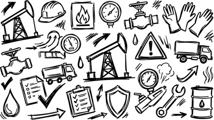 Fototapeta premium Oil Gas Industrial Safety Hand-Drawn Vector Icons