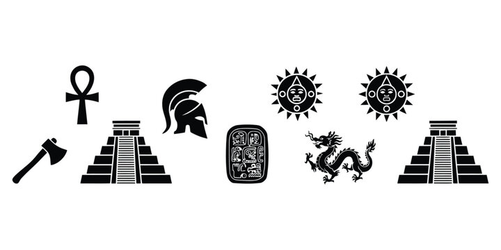 Ancient Civilizations and Mythology Silhouette Icon Set Featuring Egyptian Ankh Greek Helmet Mayan Pyramids Aztec Calendar Sun Vector Illustration