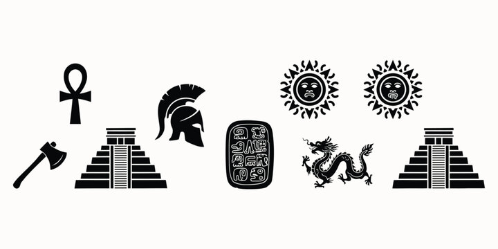 Ancient Civilizations and Mythology Silhouette Icon Set Featuring Egyptian Ankh Greek Helmet Mayan Pyramids Aztec Calendar Sun Vector Illustration