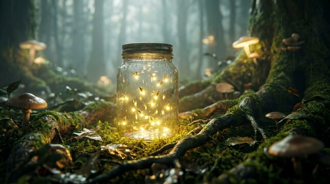 Magical fireflies glowing inside glass jar placed on mossy forest floor surrounded by mushrooms and tree roots in soft morning sunlight for fantasy backgrounds.