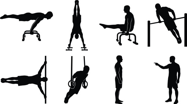 Black and white vector silhouette set of calisthenics athletes performing gymnastics, handstands, planche, and bodyweight fitness exercises