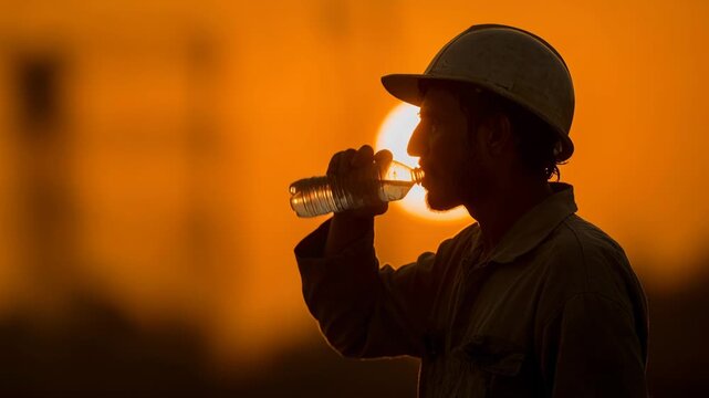 Worker drinks water in hot sun after completing labor in the afternoon