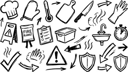 Fototapeta premium Hand Drawn Kitchen Safety and Cooking Doodle Icon Set