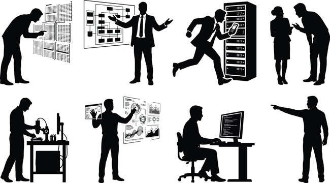 Information technology and data science worker silhouettes managing server rooms, analyzing charts, programming, and presenting systems workflows
