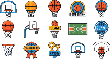 Basketball Hoop and Tournament Icons Vector Set with Slam Dunk Sports Elements © MDTAREK