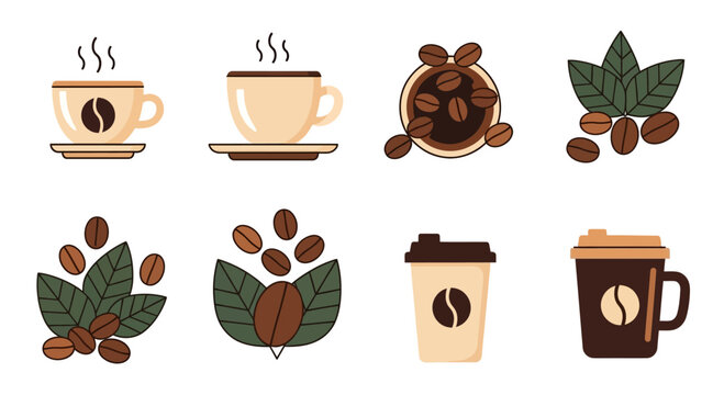 Coffee Cups and Beans Illustrations Set.