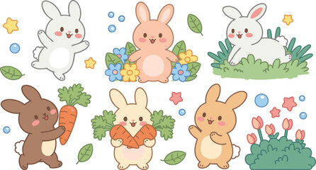 Obraz premium Cute Kawaii Cartoon Bunnies with Flowers and Carrots