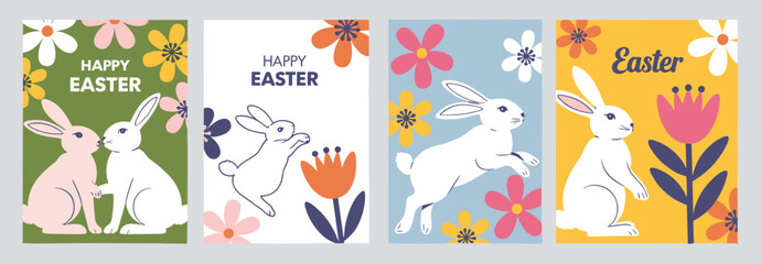 Obraz premium Easter Greeting Cards with Rabbits and Flowers bunny