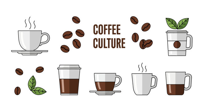 Coffee Cups and Beans Illustration Set.